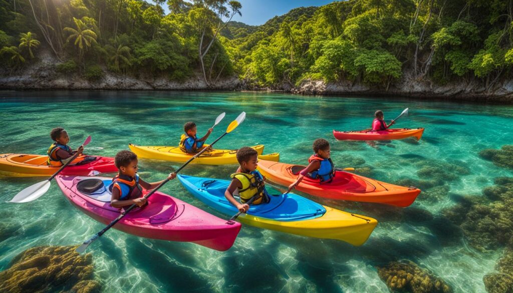 Children kayaking in a beautiful marine environment