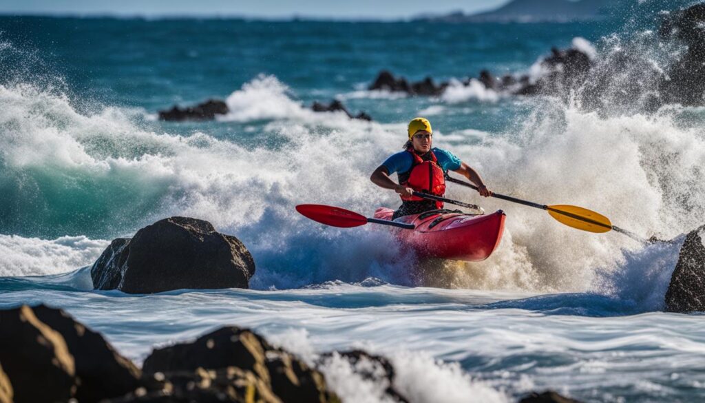 Young kayakers in surf