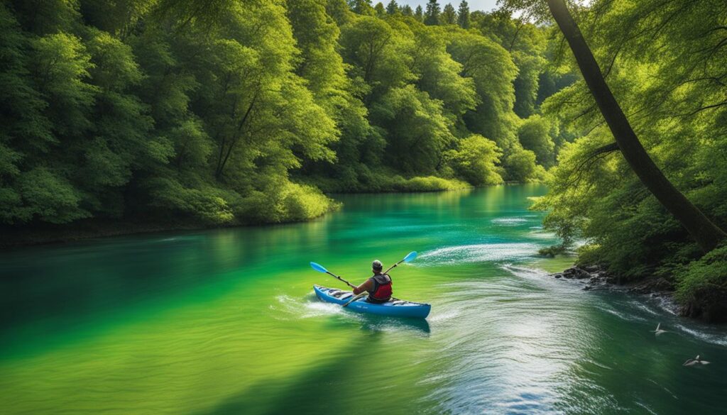 kayaker navigating through a picturesque river surrounded by nature