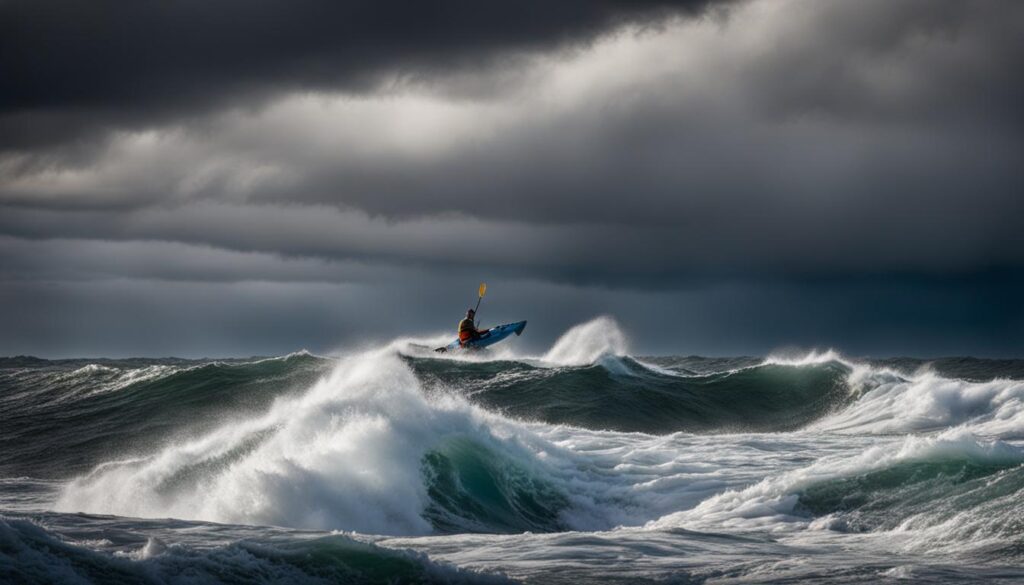 Kayaker in High Wind and Waves