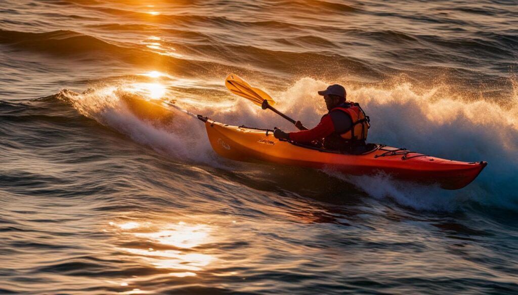 Sea kayaker riding a wave