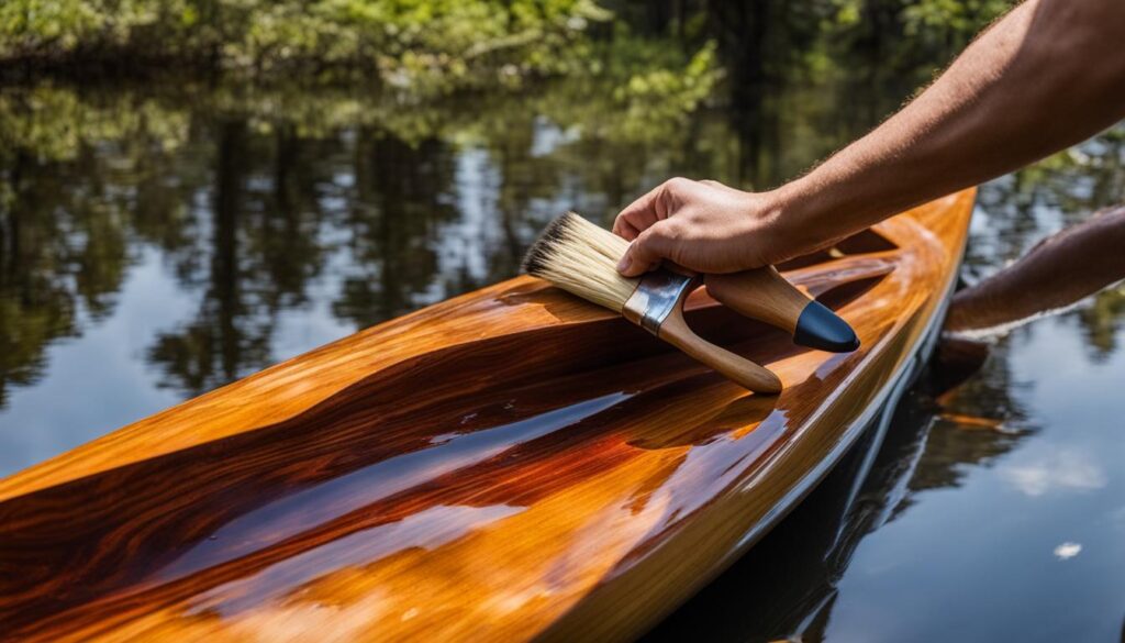 applying varnish to wooden kayak