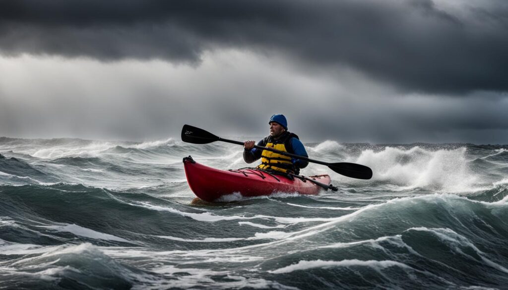 kayaking in windy wave conditions