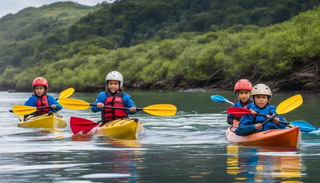 kids kayaking in diverse water conditions