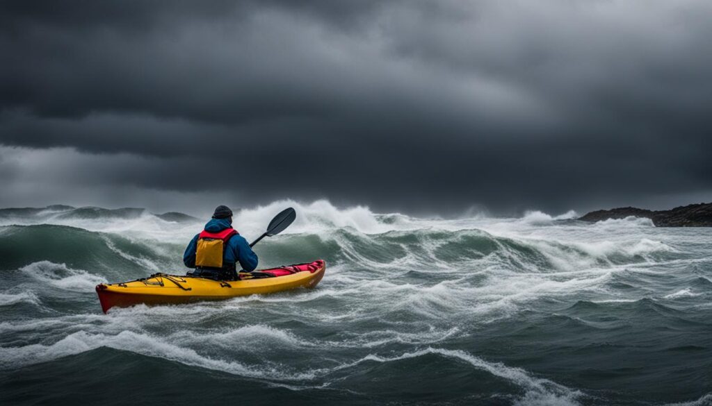man kayaking in various weather conditions